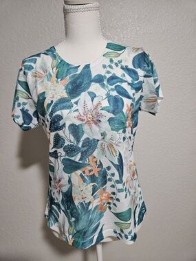Milano Floral Short-Sleeve Tee in Teal, White & Coral